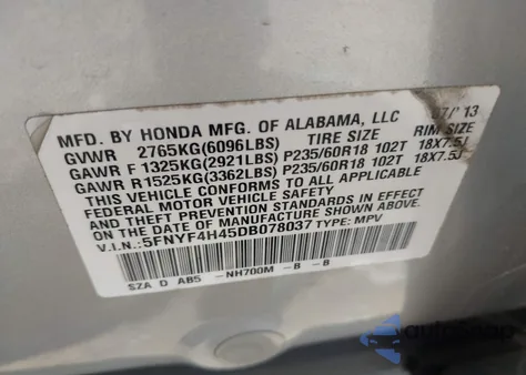 2013 Honda Pilot Ex из США, поврежденный, VIN 5FNYF4H45DB078037